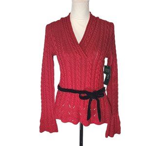 Ralph Lauren. Red, V-Neck, Cable-knit Sweater w/ Velvet belt. Size M-PT.